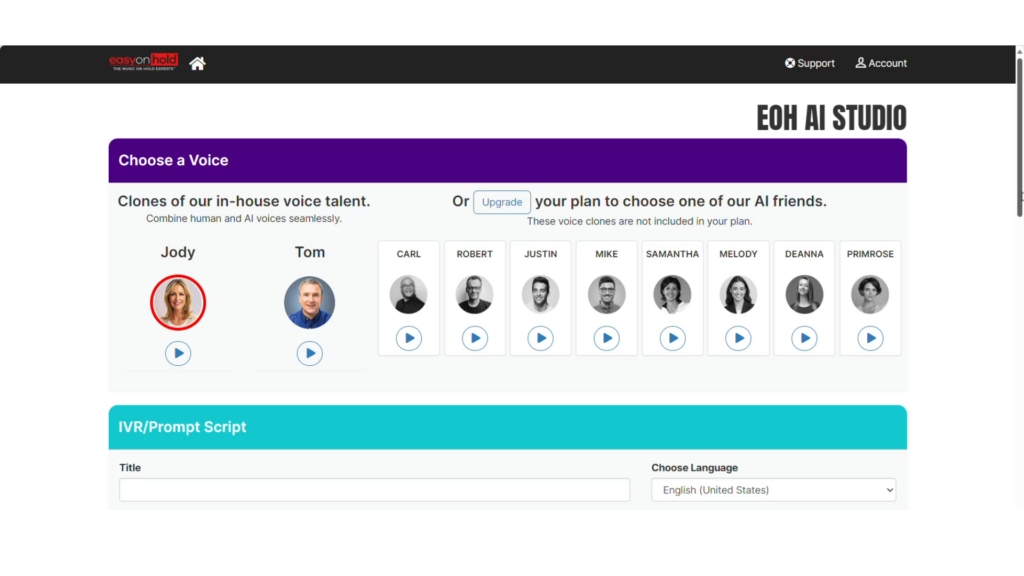 choose AI Voice for IVR using EOH AI Studio - screenshot