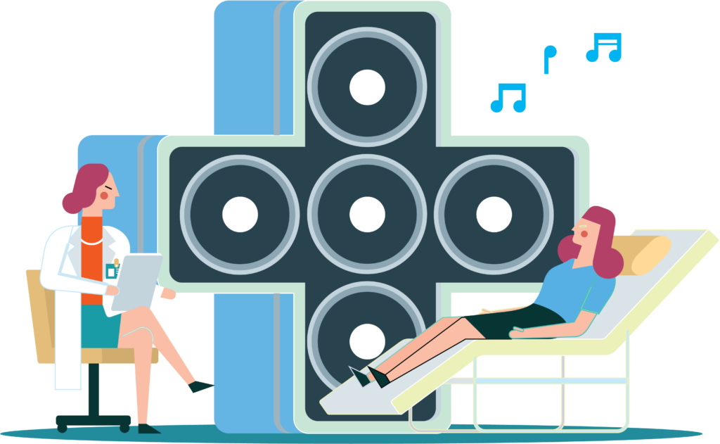 benefits of background music illustration. Doctor playing background music for patient.